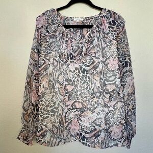 Maurices Semi Sheer Pink and Gold Ruffle Neck Long Sleeve Peasant Top Blouse